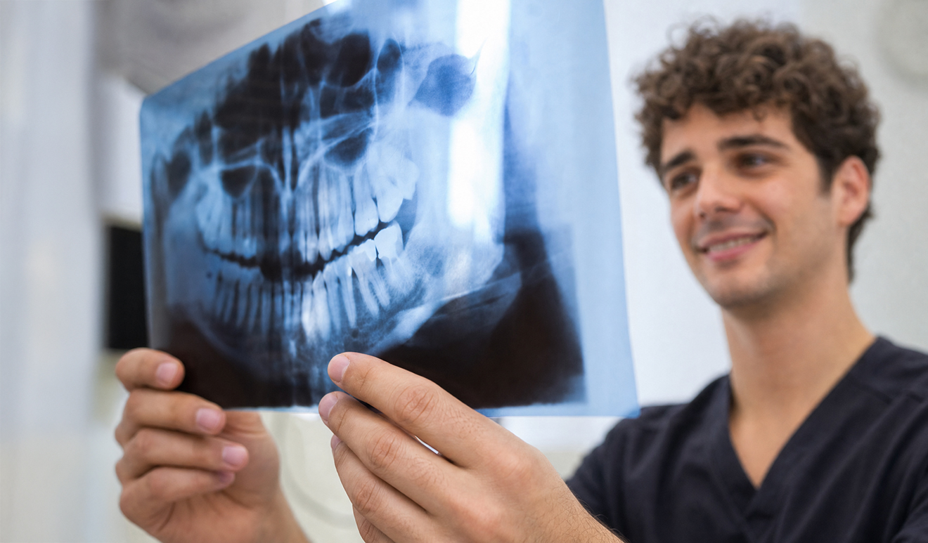 Un dentista sorridente osserva una radiografia panoramica della cavità orale, evidenziando la diagnostica digitale per la chirurgia orale